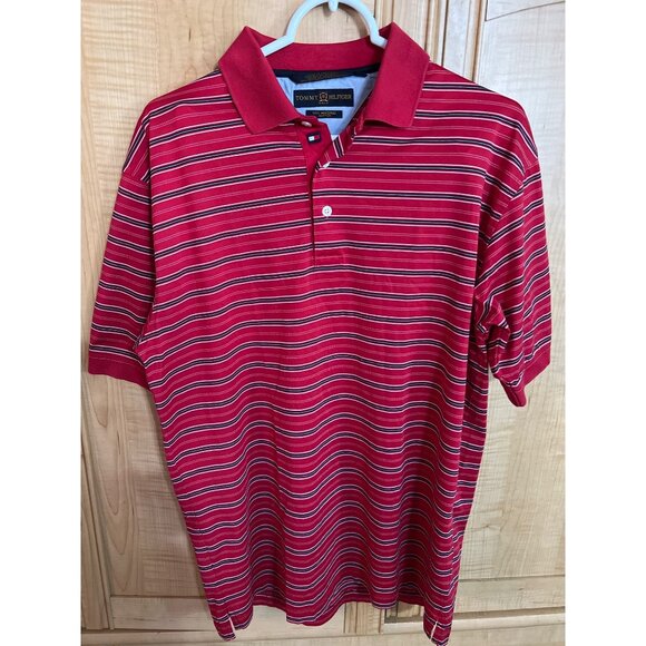 Tommy Hilfiger Golf Red Striped Polo Shirt M 100% Cotton Short Sleeve Mens Casua - Picture 1 of 5